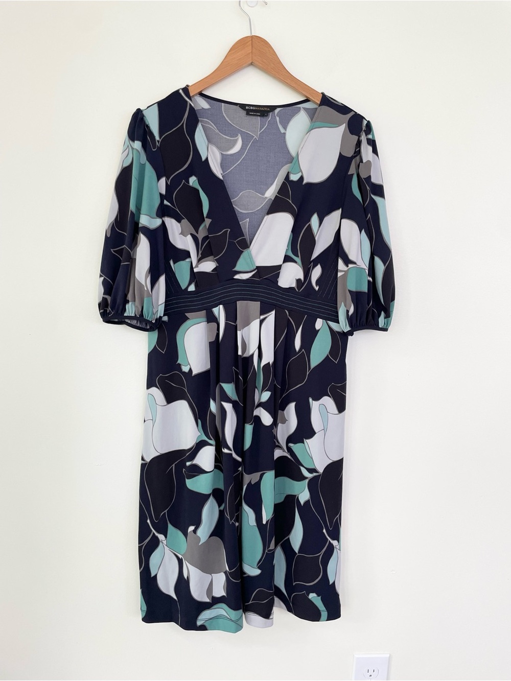 BCBGMaxazria Floral Vneck Babydoll Puff Sleeve Dress Teal Navy Blue L Large Y2K
